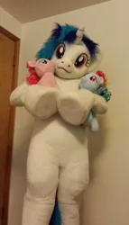 Size: 730x1280 | Tagged: dead source, safe, artist:atalonthedeer, derpibooru import, pinkie pie, rainbow dash, vinyl scratch, anthro, human, pony, unicorn, 2014, anthro with ponies, fursuit, g4, holding a pony, hug, hugging a pony, image, irl, irl human, jpeg, looking at you, looking down, looking down at you, photo, ponysuit, raised hoof, solo