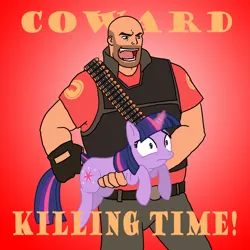 Size: 2000x2000 | Tagged: safe, artist:jinglesrasco, derpibooru import, twilight sparkle, human, pony, unicorn, crossover, female, glow, glowing horn, heavy weapons guy, high res, holding a pony, horn, image, male, mare, png, tail, tail pull, team fortress 2, text, twigun, unicorn twilight