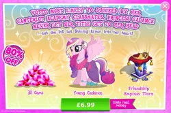 Size: 1958x1302 | Tagged: safe, derpibooru import, idw, official, princess cadance, alicorn, pony, advertisement, clothes, costs real money, dress, ear piercing, earring, english, female, gameloft, gem, horn, idw showified, image, implied shining armor, jewelry, jpeg, mare, mobile game, my little pony: magic princess, necklace, numbers, piercing, sale, shoes, solo, solo focus, spread wings, text, tiara, wings
