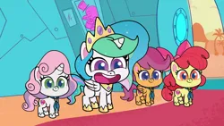 Size: 1280x720 | Tagged: safe, derpibooru import, screencap, apple bloom, princess celestia, scootaloo, sweetie belle, dol-fin-ale, my little pony: pony life, spoiler:pony life s01e12, cutie mark crusaders, image, png
