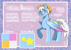 Size: 1529x1080 | Tagged: safe, artist:erein, derpibooru import, oc, oc:erein rorien, unofficial characters only, pegasus, pony, beret, clothes, cute, cutie mark, ears, folded wings, gay, hat, image, jpeg, male, reference, simple background, smiling, solo, stallion, text, wingding eyes, wings