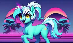 Size: 3264x1920 | Tagged: safe, derpibooru import, machine learning generated, stable diffusion, lyra heartstrings, pony, unicorn, abstract background, ai content, alternate hairstyle, female, generator:easyfluff v11.2, image, jpeg, looking at you, mare, open mouth, open smile, ponytail, prompter:siber, smiling, smiling at you, solo, vaporwave