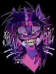 Size: 1317x1747 | Tagged: safe, artist:lazy-ale, derpibooru import, twilight sparkle, pony, unicorn, lesson zero, bust, dark background, foaming at the mouth, image, jpeg, looking at you, messy mane, portrait, redraw, scary, scene interpretation, solo, text, toothy grin, twilight snapple, wide smile