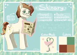 Size: 1529x1080 | Tagged: safe, artist:erein, derpibooru import, oc, oc:shinary, unofficial characters only, crystal pony, pony, unicorn, cute, cutie mark, ears, gay, glasses, image, jpeg, male, newspaper, reference, simple background, solo, stallion, text, wingding eyes