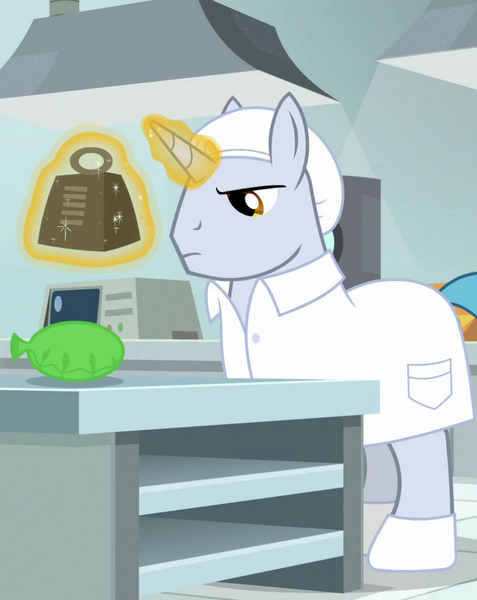 Size: 822x1033 | Tagged: safe, derpibooru import, screencap, platinum cure, pony, the last laugh, clothes, factory, gag factory, image, lab coat, magic, male, png, stallion, weight, whoopee cushion