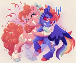 Size: 2391x2000 | Tagged: safe, artist:bishopony, derpibooru import, pinkie pie, rainbow dash, earth pony, pegasus, pony, wonderbolts academy, bipedal, bipedal leaning, blush scribble, blushing, candy, candy in hair, coat markings, duo, emanata, eyes closed, female, food, grin, high res, hug, image, jpeg, leaning, lidded eyes, lollipop, mare, nervous, nervous grin, partially open wings, scene interpretation, signature, smiling, unshorn fetlocks, wings