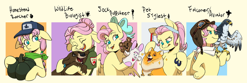 Size: 7292x2464 | Tagged: safe, artist:chub-wub, derpibooru import, fluttershy, bear, bird, dog, falcon, pegasus, pony, rabbit, shiba inu, :p, alternate hairstyle, animal, aviator goggles, bandana, bow, clothes, comb, cub, cute, eyes closed, female, goggles, hair bow, hat, image, jpeg, mare, open mouth, personality swap, pumpkin, puppet, scarf, scissors, shirt, shyabetes, sock puppet, t-shirt, tongue out