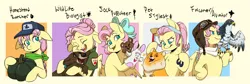 Size: 7292x2464 | Tagged: safe, artist:chub-wub, derpibooru import, fluttershy, bear, bird, dog, falcon, pegasus, pony, rabbit, shiba inu, :p, alternate hairstyle, animal, aviator goggles, bandana, bow, clothes, comb, cub, cute, eyes closed, female, goggles, hair bow, hat, image, jpeg, mare, open mouth, personality swap, pumpkin, puppet, scarf, scissors, shirt, shyabetes, sock puppet, t-shirt, tongue out