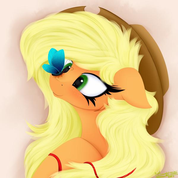 Size: 4000x4000 | Tagged: safe, artist:ser-p, derpibooru import, applejack, butterfly, earth pony, insect, pony, bust, butterfly on nose, cute, female, image, insect on nose, jackabetes, mare, png, portrait, simple background, solo