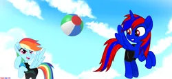 Size: 5143x2375 | Tagged: safe, artist:stephen-fisher, derpibooru import, rainbow dash, oc, oc:stephen (stephen-fisher), alicorn, pegasus, ball, beach ball, clothes, female, image, male, png, shipping, sky, stepdash, straight, suit, swimsuit
