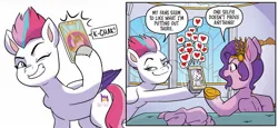 Size: 1334x614 | Tagged: safe, artist:amy mebberson, derpibooru import, idw, pipp petals, zipp storm, pegasus, pony, g5, spoiler:comic, spoiler:g5comic, spoiler:g5comic17, dialogue, duo, emanata, female, grin, heart, hoof hold, image, jpeg, mare, mobile phone, official comic, one eye closed, onomatopoeia, phone, royal sisters (g5), selfie, shit eating grin, siblings, sisters, smartphone, smiling, smug, speech bubble, unshorn fetlocks, wink