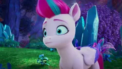 Size: 2495x1404 | Tagged: safe, derpibooru import, screencap, zipp storm, pegasus, pony, g5, my little pony: make your mark, spoiler:g5, spoiler:my little pony: make your mark, spoiler:my little pony: make your mark chapter 5, spoiler:mymc05e04, bridlewood, crystal, derp, father of the bridlewood, forest, image, my little pony: make your mark chapter 5, png, solo, tree