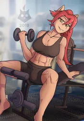 Size: 896x1280 | Tagged: suggestive, artist:kirumo-kat, derpibooru import, oc, oc:nell clearfield, unofficial characters only, anthro, earth pony, abs, bench, biceps, breasts, cleavage, clothes, crotch bulge, earth pony oc, exercise, eyebrows, futa, futa oc, gym, gym uniform, image, intersex, jpeg, looking at you, muscles, muscular futa, red hair, scar, shorts, sitting, smiling, smiling at you, solo, sports bra, sports shorts, spread legs, spreading, tan coat, toned, weight lifting, weights, yellow eyes