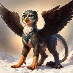 Size: 2176x2176 | Tagged: safe, derpibooru import, machine learning generated, gabby, gryphon, ai content, female, generator:easyfluff v11.2, image, jpeg, looking at you, paws, prompter:aiponyanon, smiling, smiling at you, snow, solo, spread wings, standing, tail, talons, wings