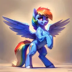 Size: 2176x2176 | Tagged: safe, derpibooru import, machine learning generated, rainbow dash, pegasus, pony, abstract background, ai content, eyebrows, eyebrows visible through hair, female, generator:easyfluff v11.2, hooves, image, jpeg, mare, multicolored hair, prompter:aiponyanon, rearing, solo, spread wings, tail, wings