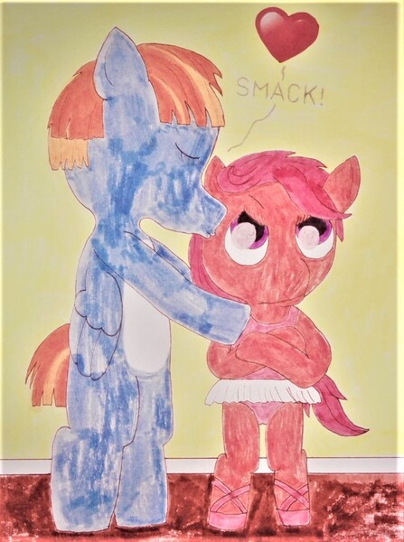 Size: 814x1093 | Tagged: safe, artist:mr-pink-rose, derpibooru import, scootaloo, windy whistles, pegasus, pony, adopted, adopted offspring, ballerina, female, filly, foal, forehead kiss, heart, image, jpeg, kissing, mare, mother and child, mother and daughter, pouting, scootadoption, scootarina, standing on two hooves, story included