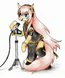 Size: 2198x2638 | Tagged: safe, artist:40kponyguy, derpibooru import, ponified, earth pony, pony, anime, bipedal, clothes, derpibooru exclusive, ear fluff, female, image, jpeg, looking at you, mare, megurine luka, microphone, side slit, simple background, skirt, solo, traditional art, vocaloid
