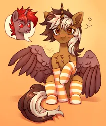 Size: 2688x3187 | Tagged: safe, artist:konejo, derpibooru import, oc, oc:hardy, oc:wrench ironbolt, alicorn, pony, unicorn, :p, blushing, chest fluff, clothes, duo, ear fluff, image, male, png, sitting, socks, spread wings, stallion, tongue out, wings