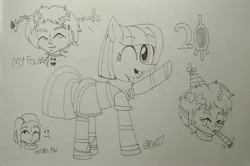 Size: 3288x2188 | Tagged: safe, artist:muhammad yunus, derpibooru import, oc, oc:annisa trihapsari, earth pony, pony, aelita schaeffer, clothes, code lyoko, cosplay, costume, crossover, female, image, jpeg, looking at you, mare, one eye closed, open mouth, open smile, sketch, smiling, smiling at you, traditional art, yumi ishiyama