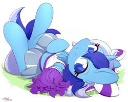Size: 4500x3600 | Tagged: safe, artist:dshou, derpibooru import, minuette, pony, unicorn, belly button, cheerleader, chest fluff, clothes, commission, cute, ear fluff, female, grass, high res, image, legs in air, looking at you, lying down, mare, midriff, minubetes, on back, png, pom pom, simple background, smiling, solo, white background