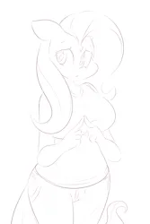 Size: 2000x3000 | Tagged: safe, artist:dshou, derpibooru import, fluttershy, anthro, :<, big breasts, breasts, busty fluttershy, female, fingers together, floppy ears, high res, image, looking away, monochrome, png, simple background, sketch, solo, white background, wingless, wingless anthro