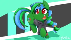 Size: 1920x1080 | Tagged: safe, artist:dshou, derpibooru import, oc, oc:eris, unofficial characters only, pony, unicorn, abstract background, braid, broken horn, clothes, eye clipping through hair, hoodie, horn, image, open mouth, png, smiling, solo, unicorn oc