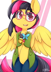 Size: 2000x2800 | Tagged: safe, artist:dshou, derpibooru import, oc, unofficial characters only, pegasus, pony, abstract background, adorkable, bell, cat bell, clothes, cute, dork, glasses, high res, image, open mouth, png, sitting, smiling, solo