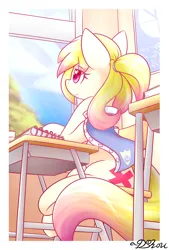 Size: 1400x2070 | Tagged: safe, artist:dshou, derpibooru import, oc, oc:love note, unofficial characters only, earth pony, pony, chair, classroom, clothes, desk, female, heart, heart eyes, image, journal, looking out the window, mare, passepartout, png, ponytail, scenery, school, smiling, solo, wingding eyes