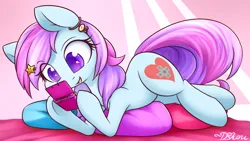 Size: 1920x1080 | Tagged: safe, artist:dshou, derpibooru import, oc, oc:joy stick, unofficial characters only, earth pony, pony, 3ds, abstract background, commission, cute, ear piercing, earring, image, jewelry, lying down, open mouth, piercing, pillow, png, prone, smiling, solo, underhoof, video game