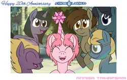 Size: 2406x1525 | Tagged: safe, artist:muhammad yunus, derpibooru import, ponified, alicorn, pegasus, pony, unicorn, aelita schaeffer, anniversary, code lyoko, crossover, eyes closed, female, glasses, group, hat, ibispaint x, image, jeremy belpois, male, mare, odd della robbia, open mouth, open smile, party hat, png, smiling, stallion, ulrich stern, william dunbar, yumi ishiyama