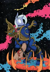 Size: 899x1280 | Tagged: safe, artist:darkhestur, derpibooru import, trixie, unicorn, abstract background, armor, chaos space marine, clothes, disk of tzeench, image, marker drawing, png, pony only, power armor, space, space marine, staff, thousand sons, traditional art, warhammer (game), warhammer 40k, white eyes