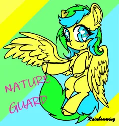 Size: 2450x2592 | Tagged: safe, artist:rainbowwing, derpibooru import, oc, oc:nature guard, pegasus, pony, chest fluff, ear fluff, image, png, signature, simple background, solo, spread wings, wings