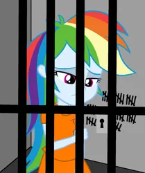 Size: 1213x1448 | Tagged: safe, derpibooru import, rainbow dash, human, equestria girls, clothes, defeat, defeated, failure, image, implied jailbait, implied prisoner, jail, jail cell, jailbait, jpeg, prison, prison cell, prison outfit, prisoner, prisoner rd, sad, tally marks