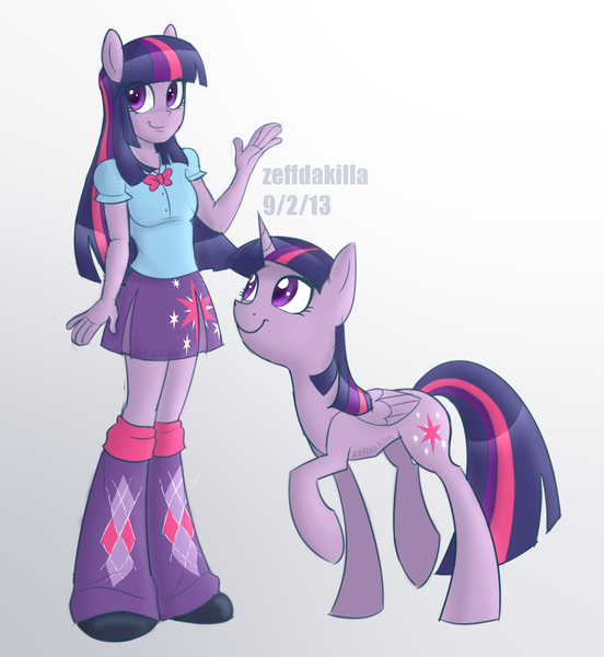 Size: 2300x2500 | Tagged: safe, artist:zeffdakilla, derpibooru import, twilight sparkle, twilight sparkle (alicorn), alicorn, human, pony, equestria girls, clothes, female, image, looking up, png, raised arm, raised hoof, raised leg, smiling, standing