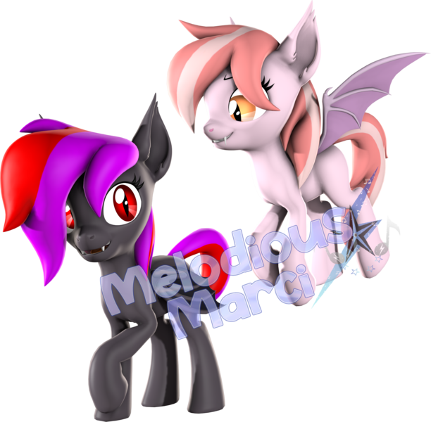 Size: 2170x2129 | Tagged: safe, artist:melodiousmarci, derpibooru import, oc, oc:alum orchid, oc:strawberry gleam, unofficial characters only, bat pony, pony, 3d, duo, female, flying, high res, image, lesbian, looking at each other, looking at someone, oc x oc, png, shipping, simple background, source filmmaker, transparent background