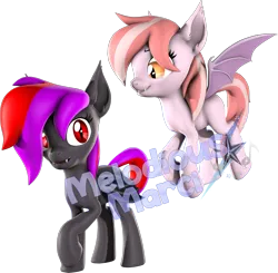 Size: 2170x2129 | Tagged: safe, artist:melodiousmarci, derpibooru import, oc, oc:alum orchid, oc:strawberry gleam, unofficial characters only, bat pony, pony, 3d, duo, female, flying, high res, image, lesbian, looking at each other, looking at someone, oc x oc, png, shipping, simple background, source filmmaker, transparent background