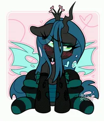 Size: 3000x3546 | Tagged: safe, artist:befish, artist:befishproductions, derpibooru import, queen chrysalis, changeling, changeling queen, blushing, clothes, cute, cutealis, female, high res, image, jpeg, passepartout, sitting, socks, solo, striped socks