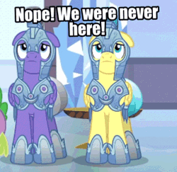 Size: 447x435 | Tagged: safe, edit, edited screencap, ponerpics import, ponybooru import, screencap, spike, pegasus, pony, the times they are a changeling, animated, armor, duo, duo focus, edited gif, gif, helmet, image, male, meme, nope, royal guard, running away, scared, stallion