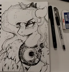 Size: 1679x1750 | Tagged: safe, artist:thelunarmoon, derpibooru import, princess luna, alicorn, pony, angry, black and white, constellation, eyeshadow, female, floppy ears, freckles, furrowed brow, grayscale, image, jpeg, makeup, mare, monochrome, pen drawing, solo, traditional art