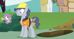 Size: 702x370 | Tagged: safe, derpibooru import, screencap, spike, dragon, earth pony, pony, triple threat, animated, clothes, cropped, duo, gif, hard hat, hat, hole, image, jumping, male, nope, stabilized, stallion, steam roller (g4)