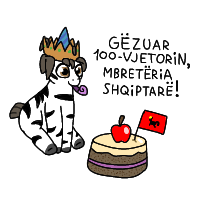 Size: 200x200 | Tagged: safe, artist:hach, oc, unnamed oc, unofficial characters only, zebra, >clop, albanian, anniversary, anniversary art, apple, cake, crown, dreadlocks, flag, food, hat, image, jewelry, party hat, party horn, png, regalia, simple background, sitting, smiling, solo, white background