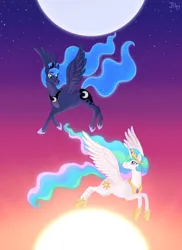 Size: 2014x2760 | Tagged: safe, artist:jilpy, derpibooru import, princess celestia, princess luna, alicorn, dawn, duo, flying, image, moon, night, png, smiling, stars, sun