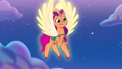 Size: 3072x1727 | Tagged: safe, derpibooru import, screencap, sunny starscout, alicorn, pony, g5, my little pony: a new generation, my little pony: tell your tale, spoiler:g5, spoiler:my little pony: tell your tale, spoiler:tyts01e59, female, flying, frown, image, jpeg, mare, moon festival, night, race swap, solo, spread wings, sunnycorn, wings