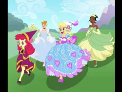 Size: 976x742 | Tagged: safe, derpibooru import, apple bloom, applejack, human, equestria girls, applejack also dresses in style, beautiful, cinderella, clothes, crossover, dress, female, flower, flower in hair, froufrou glittery lacy outfit, group, happy, hat, having fun, hennin, image, jewelry, jpeg, necklace, picnic, pretty, princess, princess apple bloom, princess applejack, quartet, race, running, skirt, skirt lift, smiling, speech bubble, tiana, tiara
