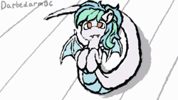 Size: 560x315 | Tagged: safe, artist:darbedarmoc, derpibooru import, oc, oc:biru, bat pony, lamia, original species, animated, bat wings, behaving like a snake, blinking, fangs, forked tongue, gif, image, playing dead, solo, stick, tongue out, two toned mane, wings, x eyes