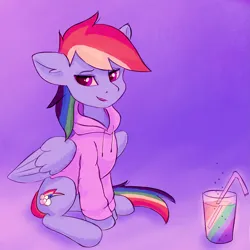 Size: 1961x1962 | Tagged: safe, artist:replacer808, derpibooru import, rainbow dash, pegasus, pony, clothes, cute, cute little fangs, drink, fangs, female, glass, hoodie, image, mare, png, sitting, solo, straw, taste the rainbow