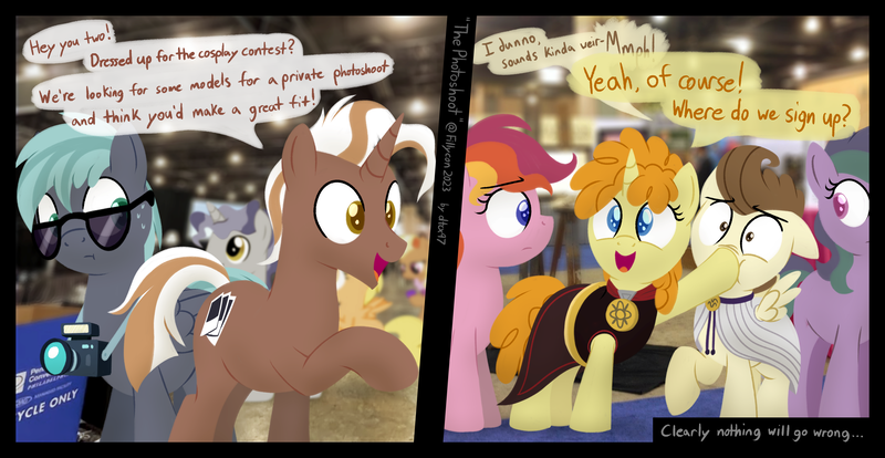 Size: 4480x2320 | Tagged: suggestive, artist:dtcx97, derpibooru import, pound cake, pumpkin cake, oc, pegasus, pony, unicorn, comic:the photoshoot, image, imminent foalcon, png