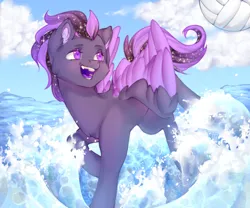 Size: 1800x1500 | Tagged: safe, artist:pdotod, derpibooru import, oc, oc:shadow galaxy, unofficial characters only, pegasus, pony, cloud, commission, cute, ethereal mane, fangs, female, image, mare, ocean, open mouth, png, smiling, solo, splash, splashing, sports, starry mane, starry tail, tail, volleyball, water, ych result