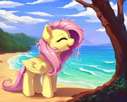 Size: 1440x1152 | Tagged: safe, derpibooru import, editor:nightluna, machine learning generated, stable diffusion, fluttershy, pegasus, pony, ai content, beach, cloud, ear fluff, eyes closed, female, folded wings, full body, generator:purplesmart.ai, image, jpeg, mare, messy mane, ocean, open mouth, open smile, prompter:nightluna, sky, smiling, solo, standing, tree, water, wings