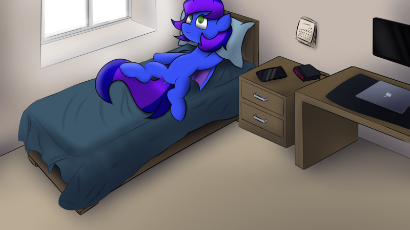 Size: 5120x2880 | Tagged: safe, artist:japkozjad, derpibooru import, oc, oc:nightstaroc, bat pony, pony, bed, calendar, computer, desk, featureless crotch, female, image, indoors, iphone, laptop computer, lying, mare, mobile phone, monitor, phone, png, smartphone, solo